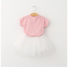 Girl O-neck T-shirt with Cat Pattern + Pompon Yarn Skirt with Butterfly Decor