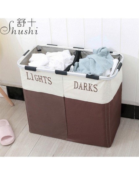 Folding support aluminum frame storage basket Oxford cloth storage bucket for dirty clothes moisture-proof embroidery color matching double grid laundry basket white + gray (no mesh)