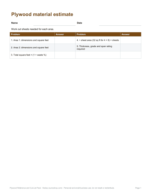 Preview of the first page of Estimate worksheet (PDF/DOCX)